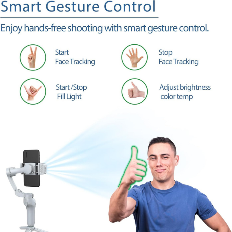 Intelligent gesture control with thumb pointing upwards at a smartphone mounted on a white gimbal stabilizer with active light to start/stop face tracking and control fill light