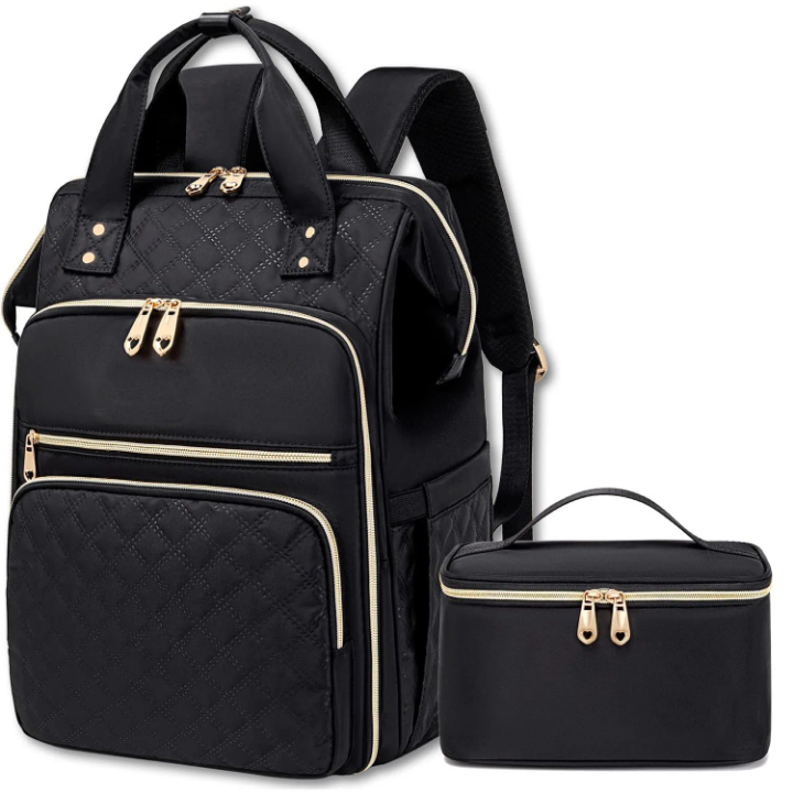 Black quilted backpack with gold zippers next to a matching insulated lunch bag, displayed on a clean white background. Available in Santieshop-Bonaire
