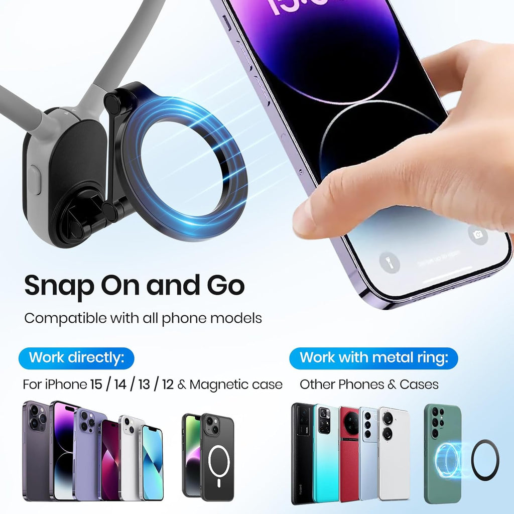 Close up view of the MagSafe compatible magnetic base of the neck mount firmly attracting a smartphone