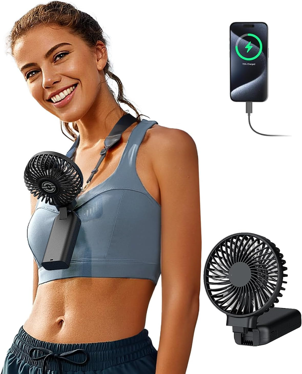 Woman using a portable handheld fan while jogging, showing neck strap