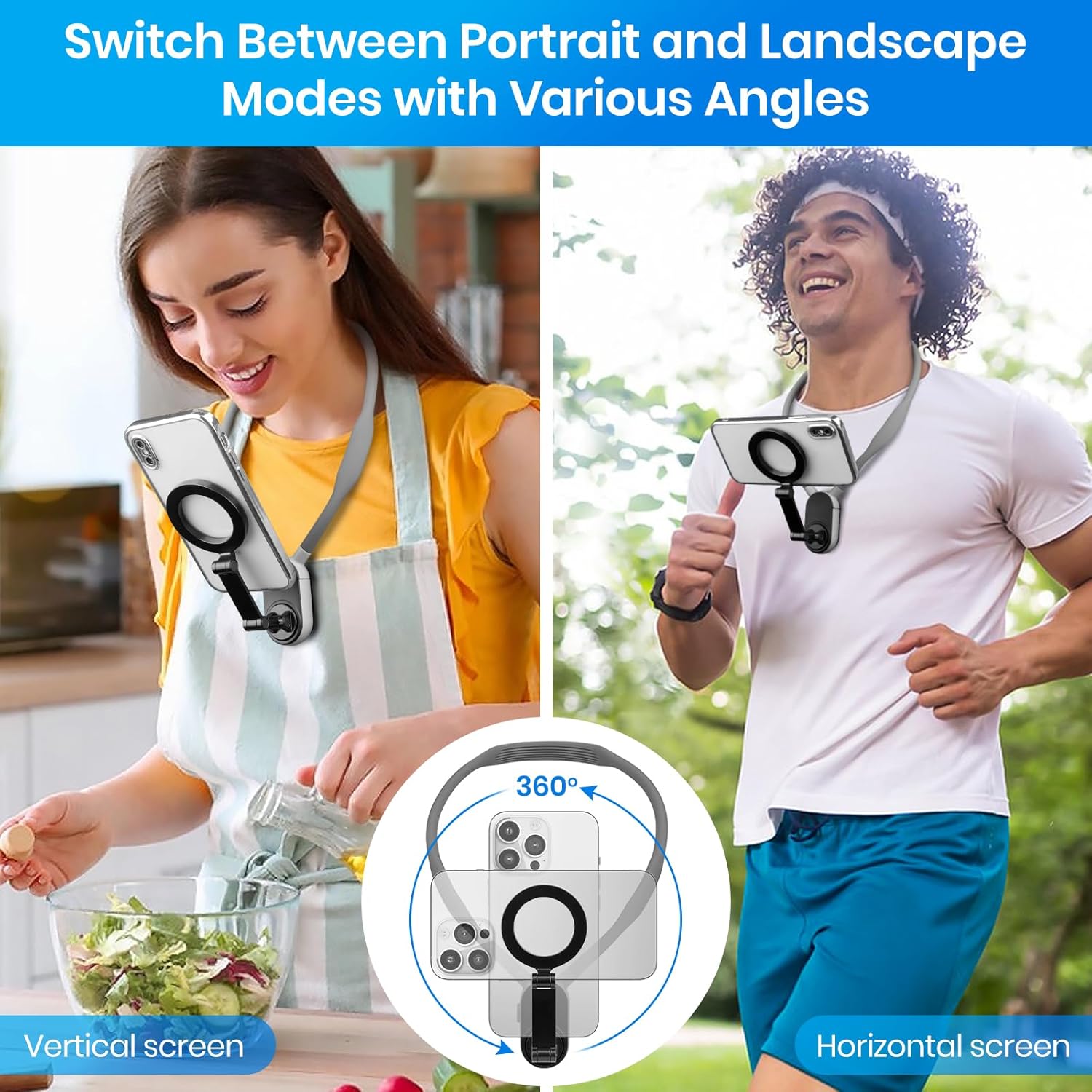 Woman cooking and man running using the 360 extendable magnetic neck holder to shoot first person POV videos