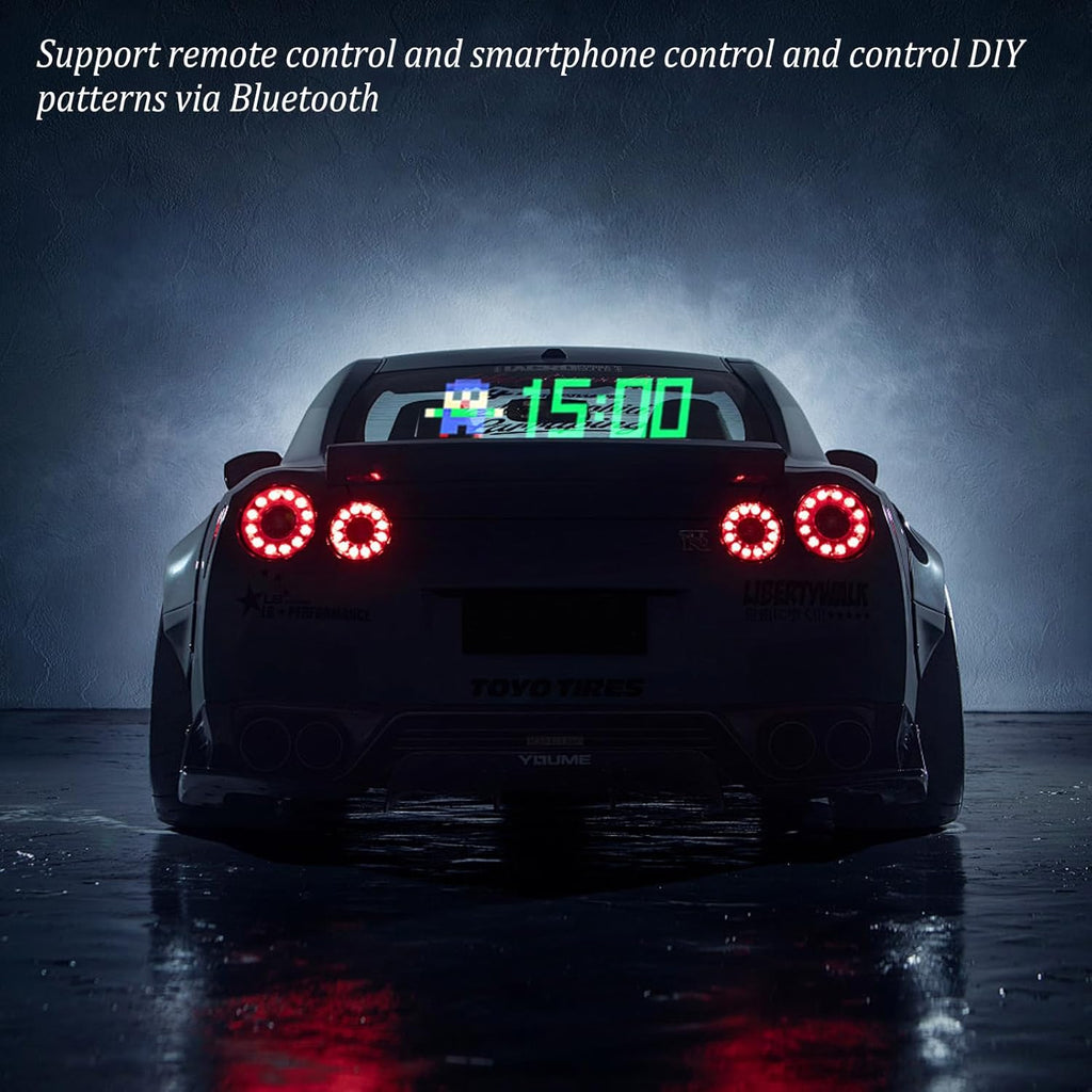 LED matrix panel displaying angry red eyes on a car windshield
