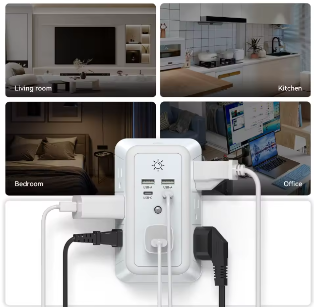 Real-world application of the multi-plug outlet extender running kitchen appliances and office tech simultaneously