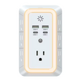 Front view of the 11-in-1 white smart wall adapter highlighting USB ports, AC outlets, and LED glowing ring by-Santi Eshop Kralendijk, Bonaire