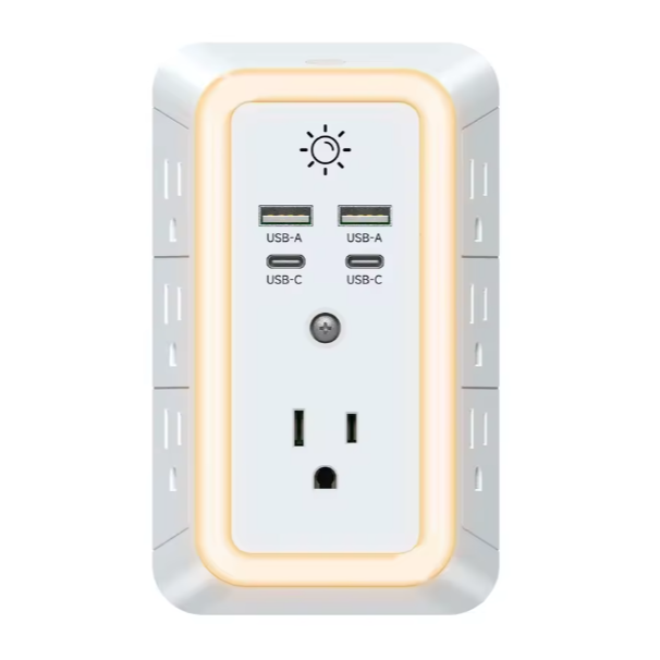 Front view of the 11-in-1 white smart wall adapter highlighting USB ports, AC outlets, and LED glowing ring by-Santi Eshop Kralendijk, Bonaire