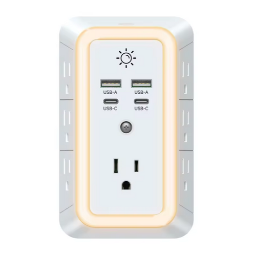 Front view of the 11-in-1 white smart wall adapter highlighting USB ports, AC outlets, and LED glowing ring by SantiEshop-Bonaire
