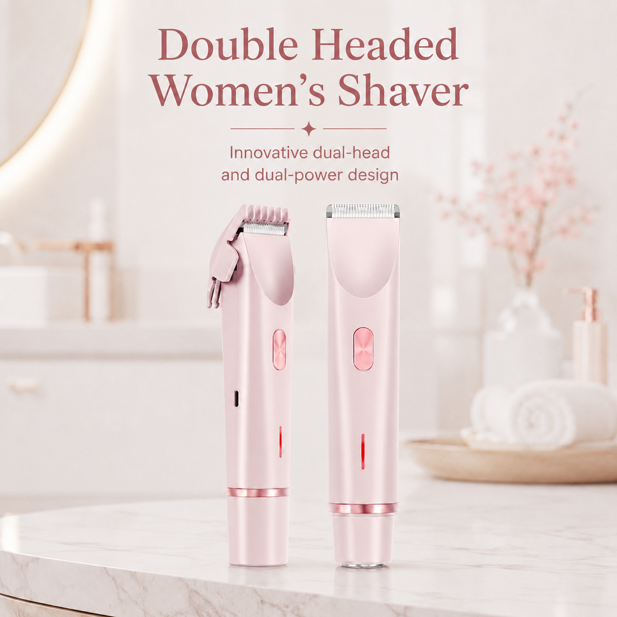 Double-headed women's electric shaver in pink. Innovative dual-head and dual-power design for a smooth, elegant, and safe shave in your beauty routine!