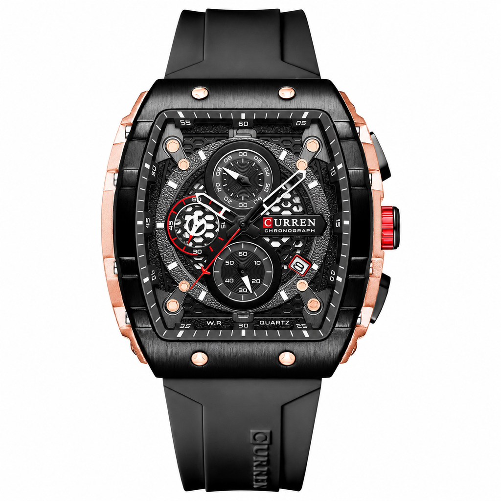 CURREN chronograph watch with black silicone strap, high-performance geometric design to project authority, success, and an unmatched professional style available in Santieshop-Bonaire