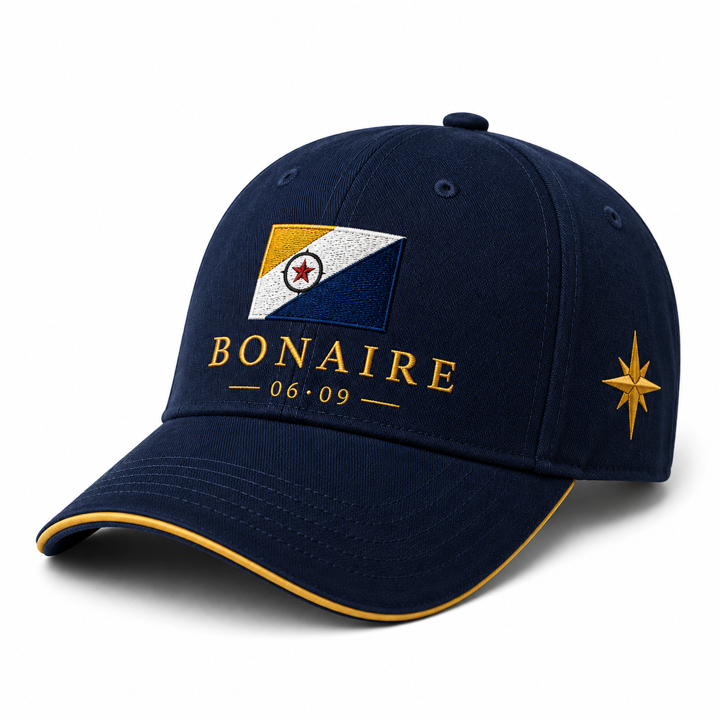 Bonaire Day cap featuring an exclusive design and embroidered logo an official accessory from the Santi online store to show pride in the island in Santieshop-Bonaire.