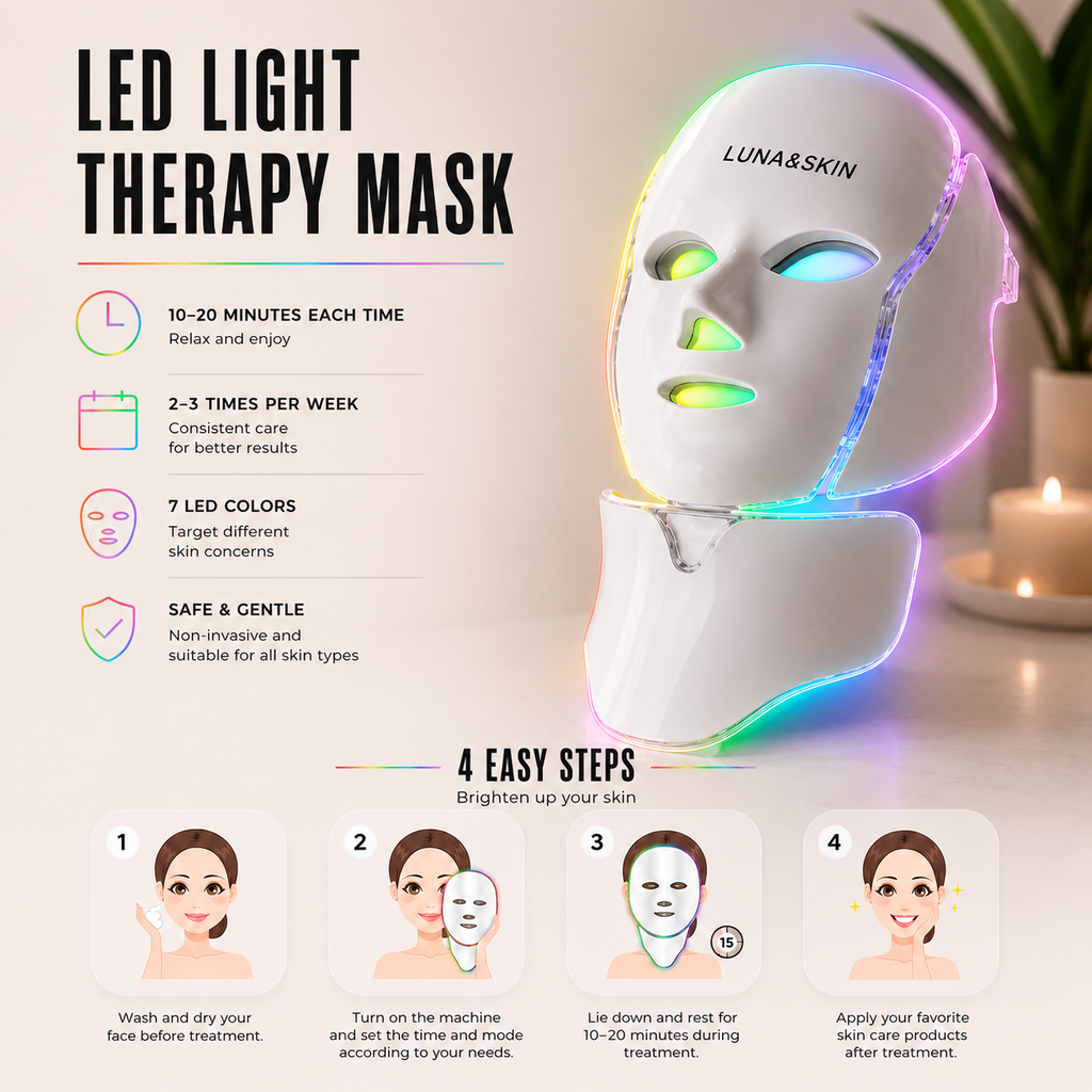 Instructional infographic for the LUNA&SKIN LED Light Therapy Mask, detailing key benefits like 7 light colors and 4 easy usage steps: facial cleansing, settings adjustment, 10-20 minute treatment session, and post-treatment skincare application