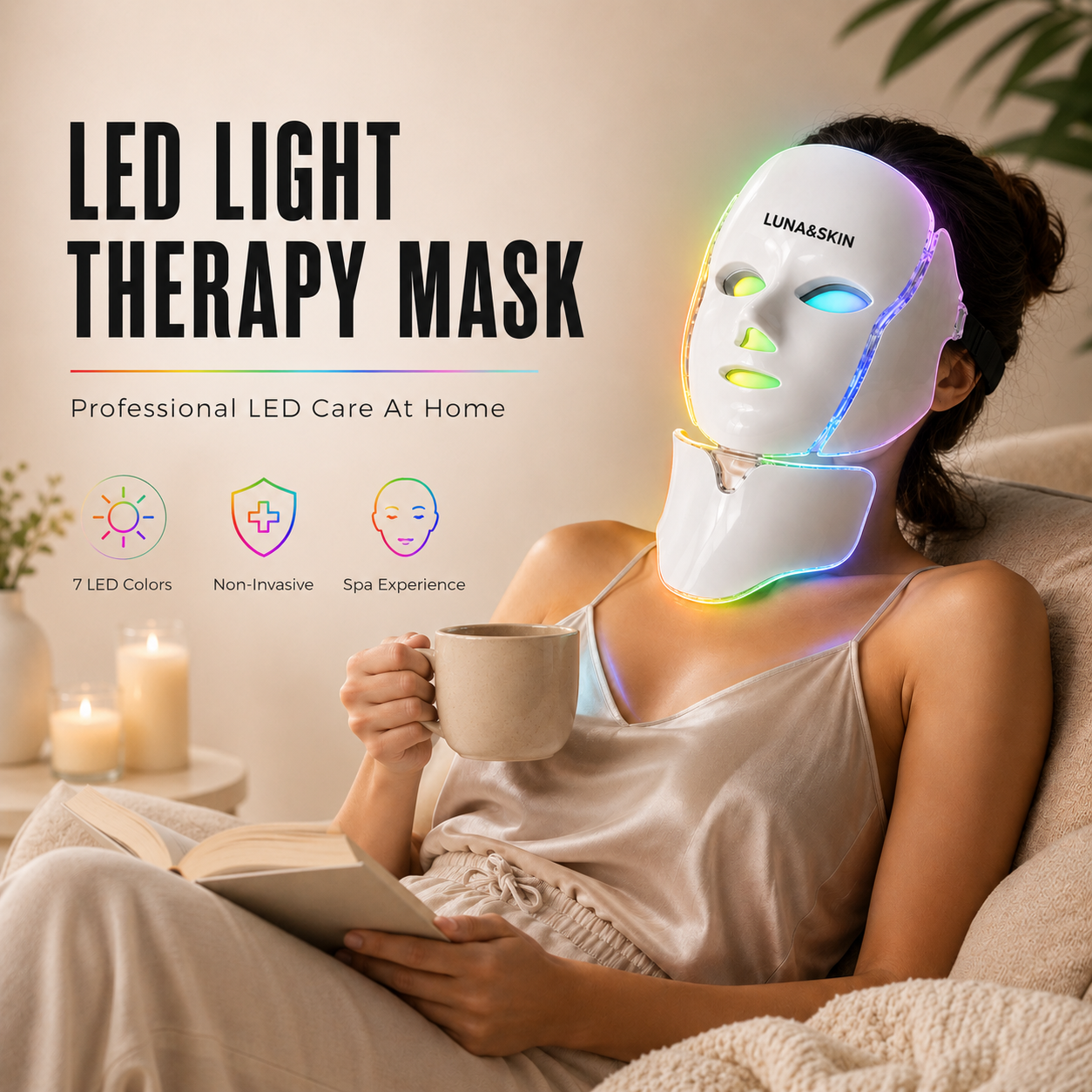 Relaxed woman in a cozy setting using the LUNA&SKIN LED Light Therapy Mask, highlighting three key benefits with icons: 7 light colors, non-invasive design, and an at-home spa experience