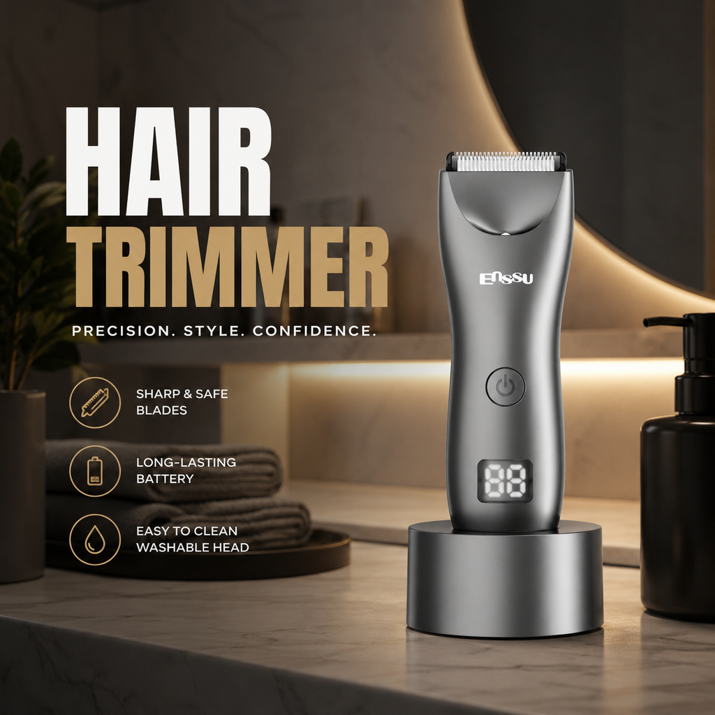 Ensuu professional titanium grey hair trimmer on charging base. Digital LED screen shows battery level. Sleek design for precision, style, and confidence.