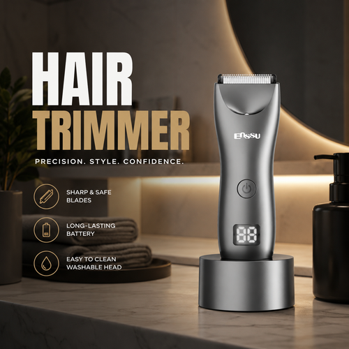 Ensuu professional titanium grey hair trimmer on charging base. Digital LED screen shows battery level. Sleek design for precision, style, and confidence.