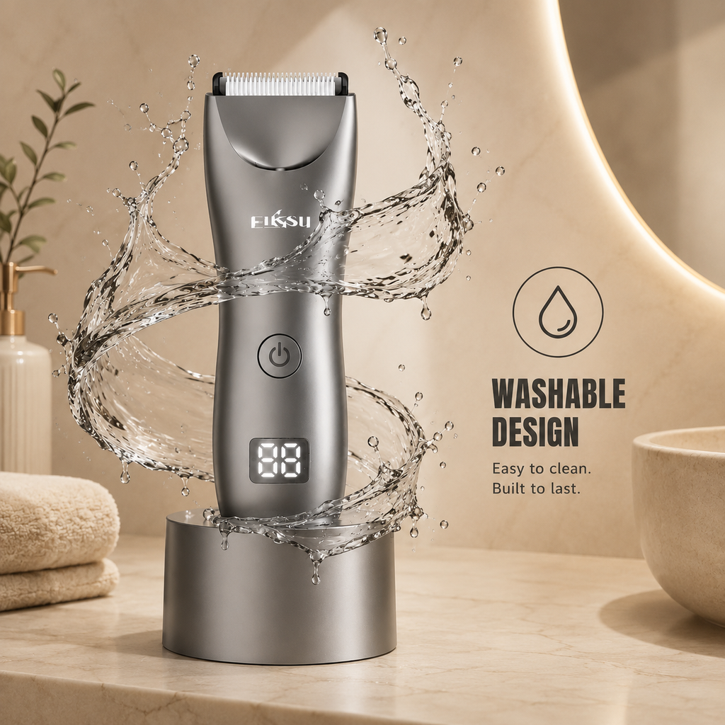 Enssu titanium grey hair trimmer with washable design. Highlighted by water splashes, emphasizing easy cleaning, professional quality, and durability.