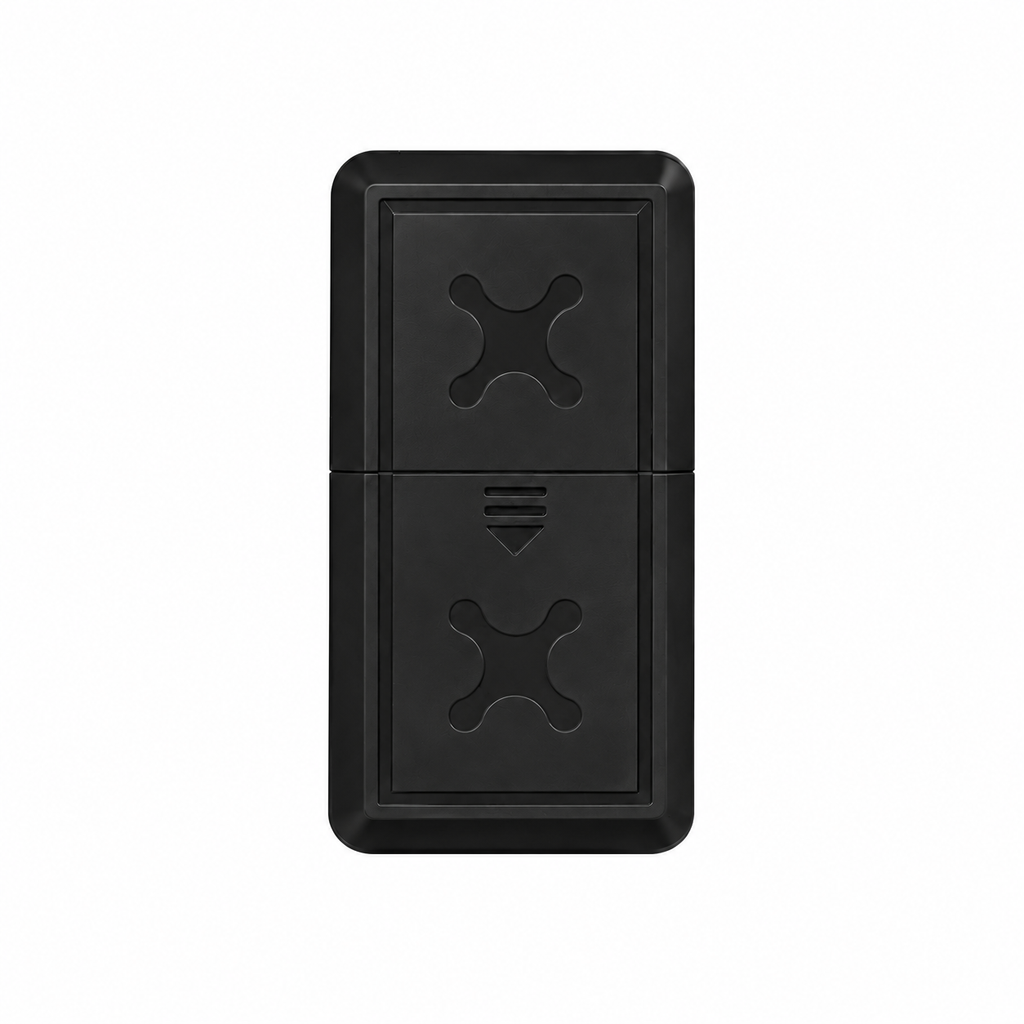 Small, rectangular black FINDLT GPS Tracker: smart locator featuring remote power on, itinerary sharing, multi-positioning technology, and instant vibration alarm system and central symbols, on a plain white background in Santieshop-Bonaire