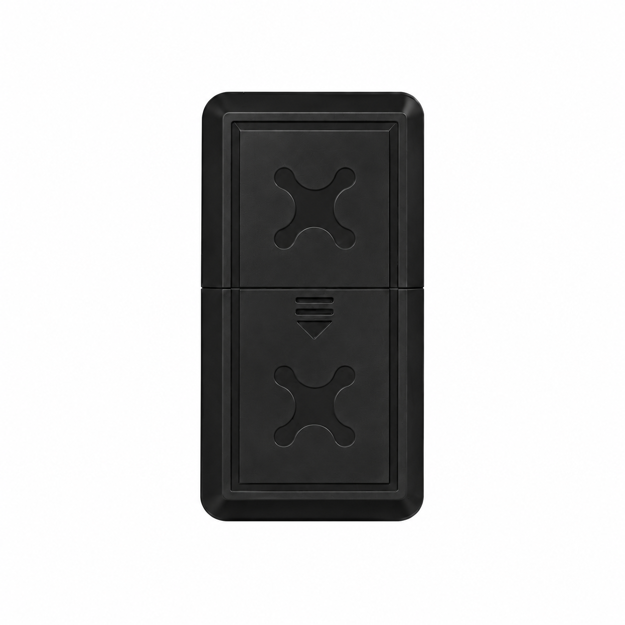 Small, rectangular black FINDLT GPS Tracker: smart locator featuring remote power on, itinerary sharing, multi-positioning technology, and instant vibration alarm system and central symbols, on a plain white background in Santieshop-Bonaire
