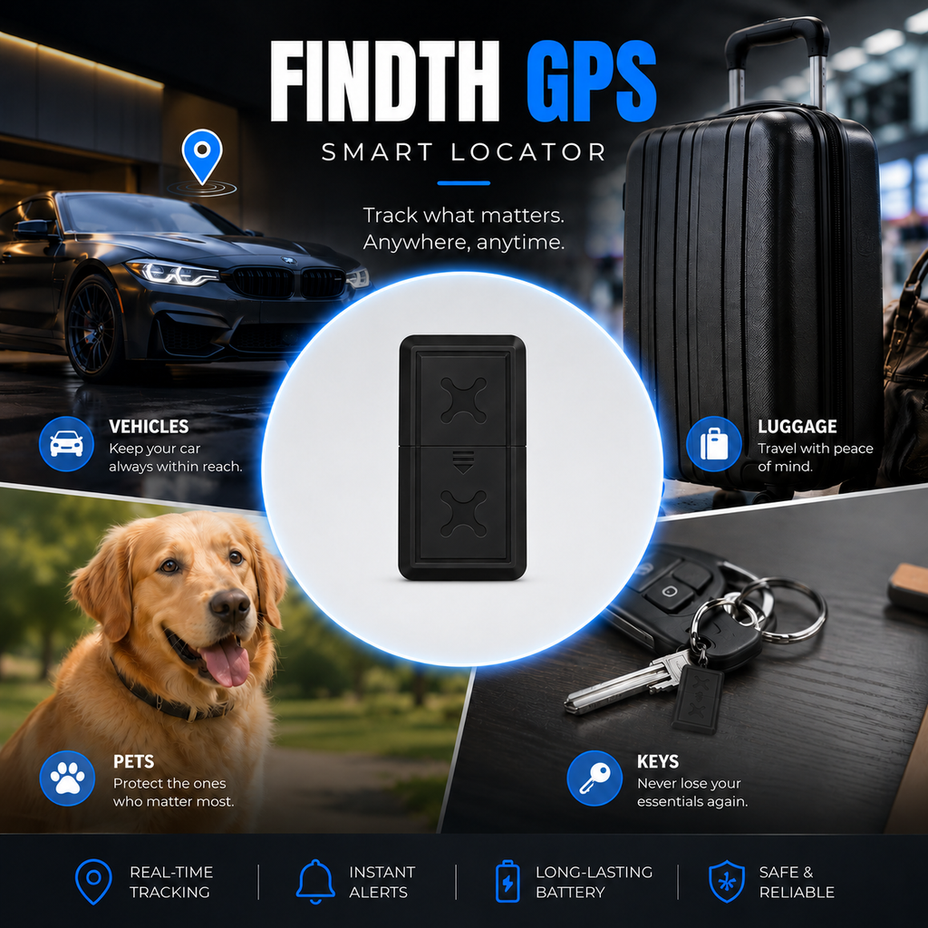 FINDTH GPS Tracker: portable smart locator with integrated security technology for vehicles, luggage, pets, and keys in real-time.