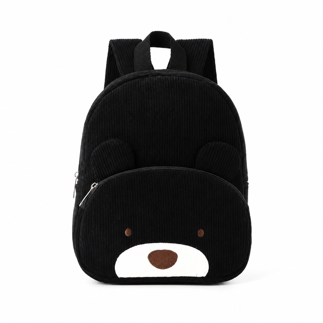 Kids  black corduroy backpack with a teddy bear design and adjustable padded straps