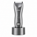 Enssu professional hair trimmer in metallic titanium grey on its charging base with a digital battery percentage display available in Santieshop-Bonaire