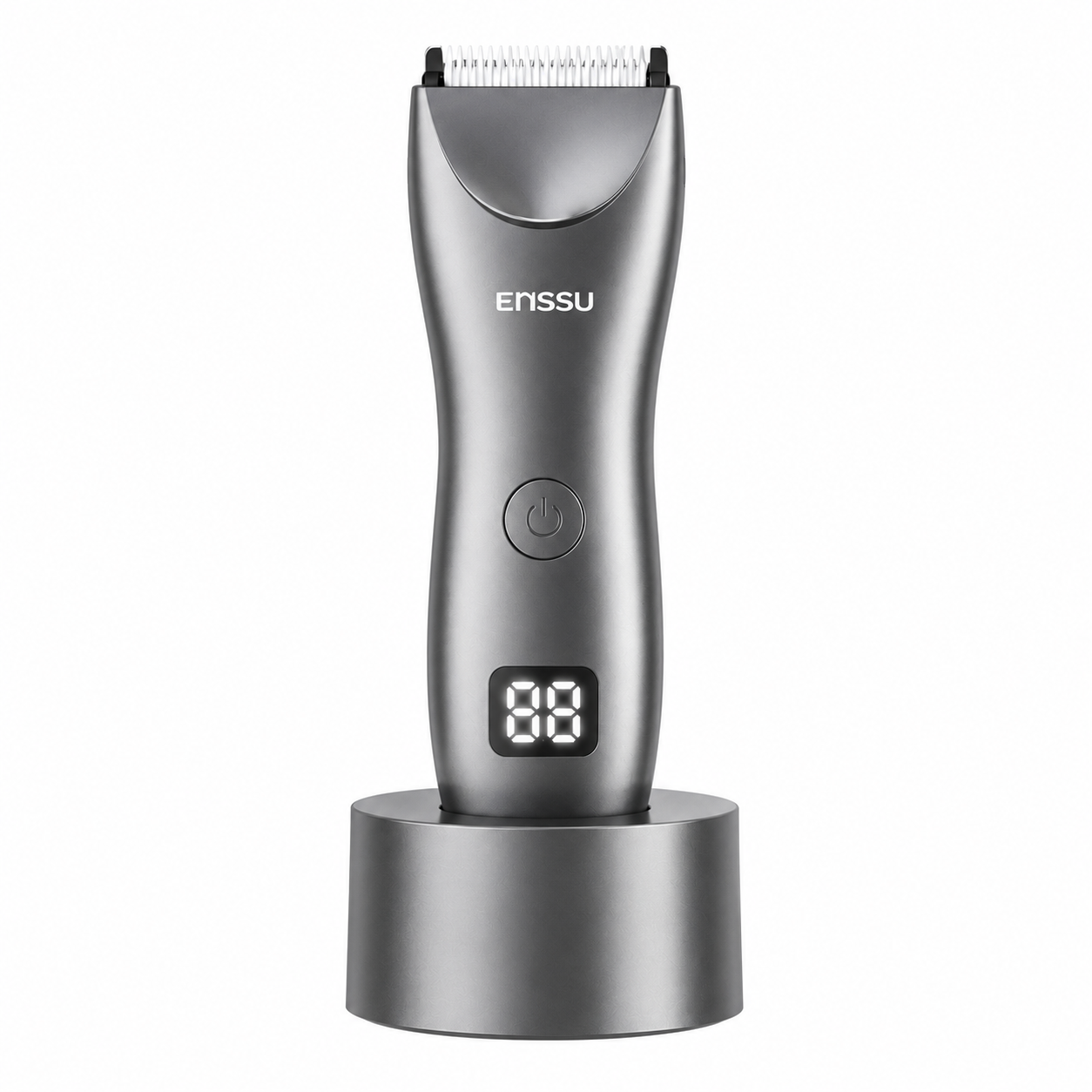 Enssu professional hair trimmer in metallic titanium grey on its charging base with a digital battery percentage display available in Santieshop-Bonaire