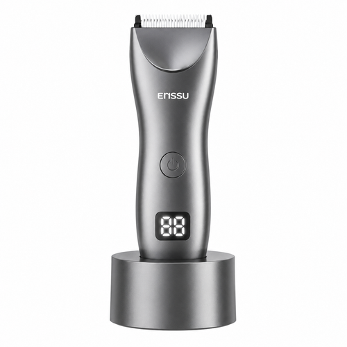 Enssu professional hair trimmer in metallic titanium grey on its charging base with a digital battery percentage display available in Santieshop-Bonaire