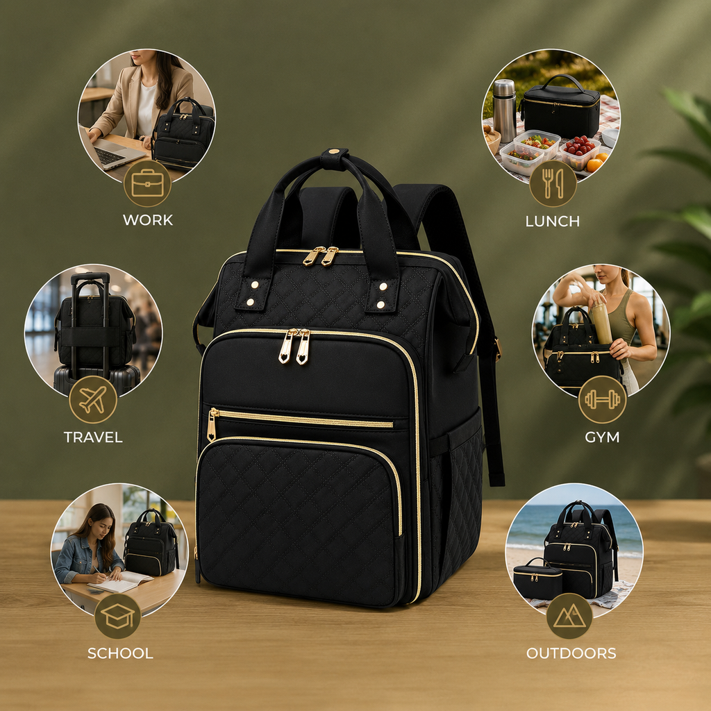 Product infographic of the black quilted backpack with gold accents, featured alongside six circular images showcasing its versatility for work, lunch, travel, gym, school, and outdoor activities