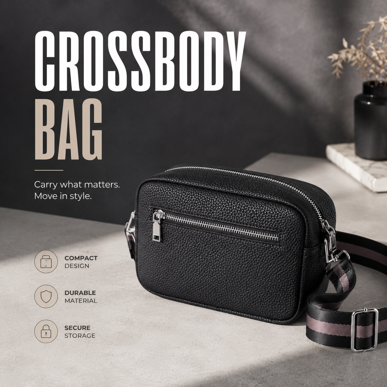 Promotional graphic of a black camera-style crossbody bag with a pebble-textured finish on a grey studio background. The left side features the text "CROSSBODY BAG", the slogan "Carry what matters. Move in style.", and three icons showcasing compact design, durable material, and secure storage.