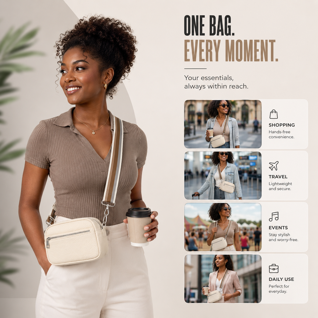 Features a model wearing it and thumbnails with its use cases: hands-free convenience, lightweight and secure, stay stylish and worry-free, and perfect for everyday