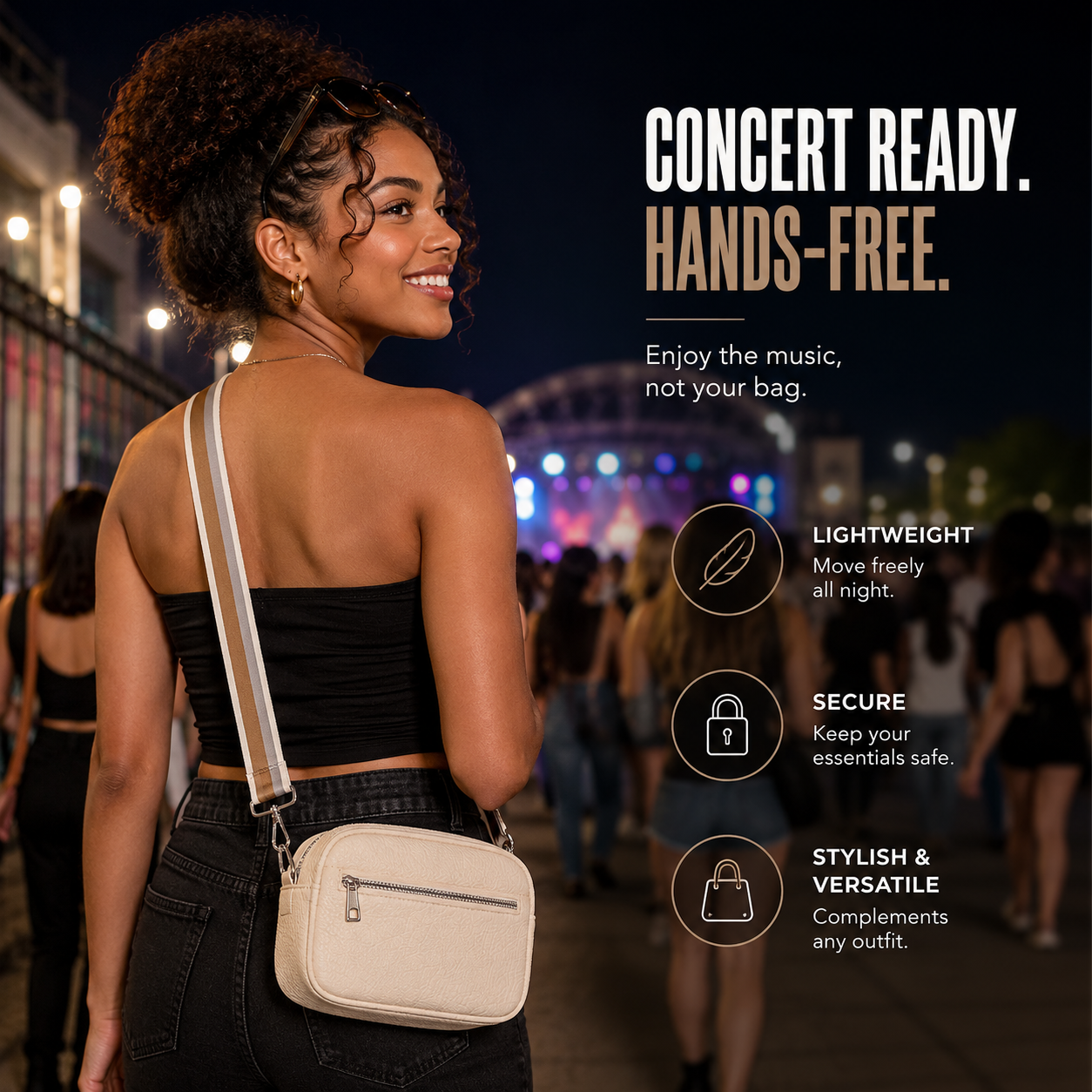 Promotional lifestyle image of a woman at a night concert wearing the beige crossbody bag on her back, featuring the text "Concert Ready. Hands-Free" and product benefits: lightweight, secure, and versatile