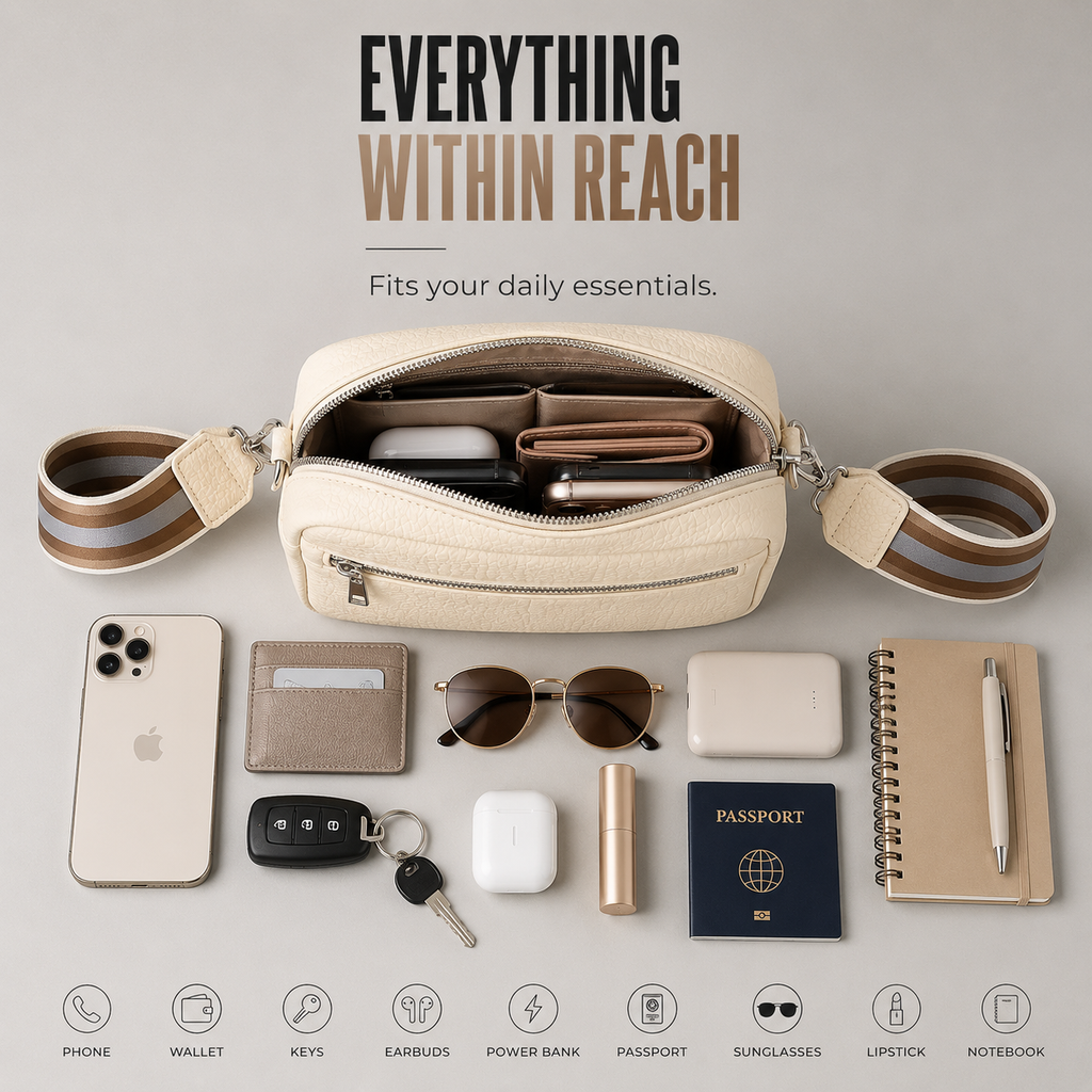 Open beige camera-style crossbody bag showing internal compartments with a phone and AirPods, surrounded by daily essentials on a neutral light background