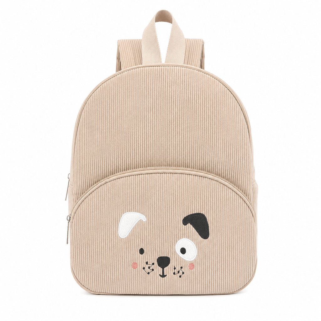 Beige corduroy backpack for toddlers with a black embroidered puppy face design and raised ears