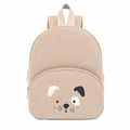 Beige corduroy backpack for toddlers with a black embroidered puppy face design and raised ears
