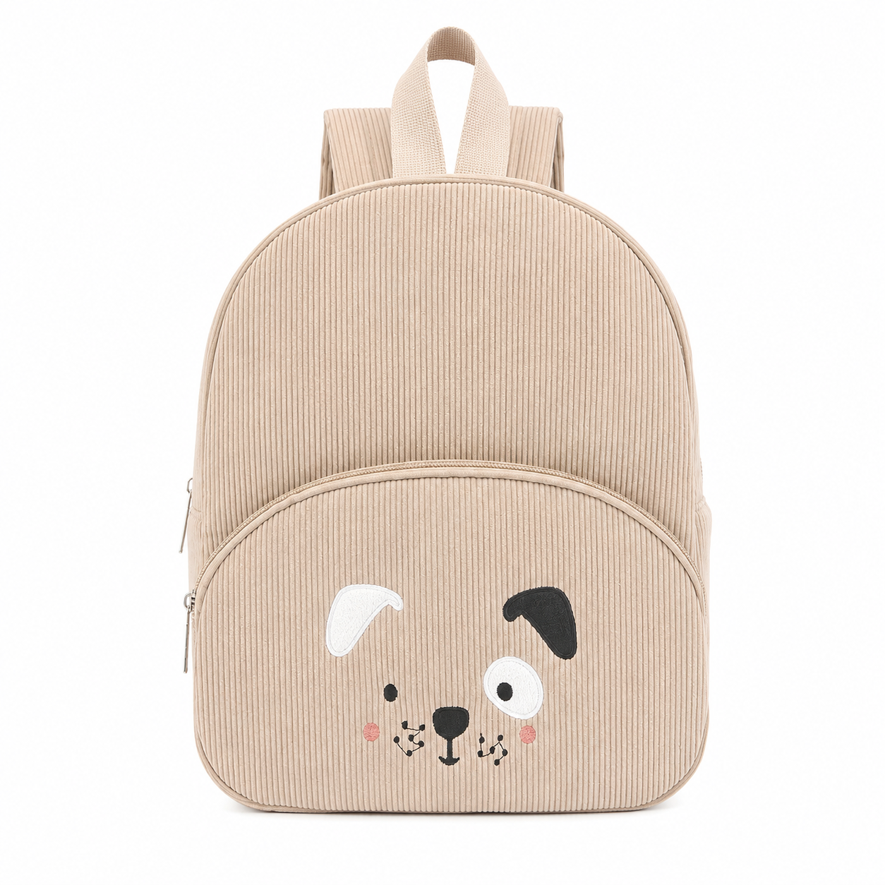Beige corduroy backpack for toddlers with a black embroidered puppy face design and raised ears