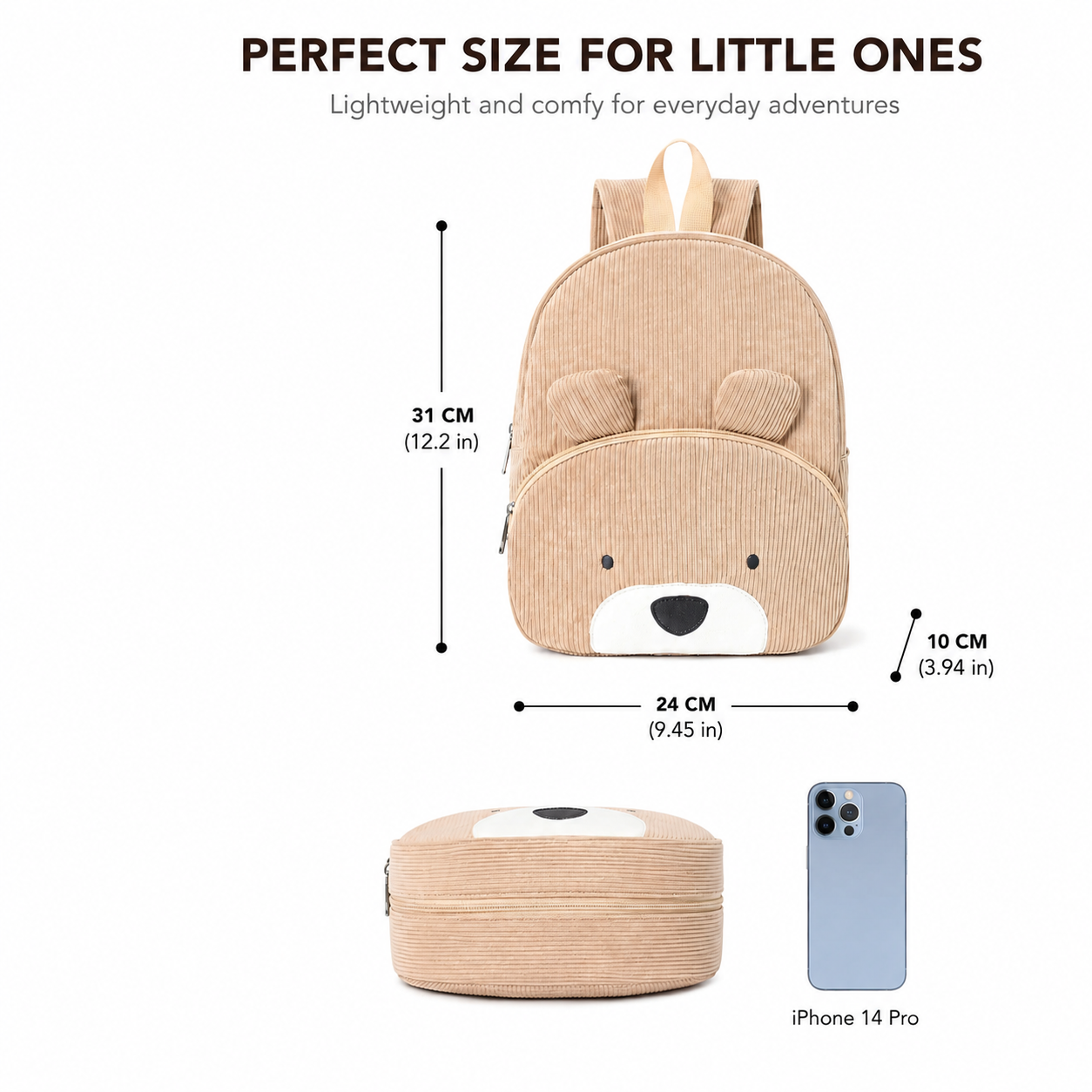 Beige corduroy toddler backpack with a teddy bear design, displaying size dimensions of 31 cm height, 24 cm width, and 10 cm depth next to an iPhone 14 Pro for scale
