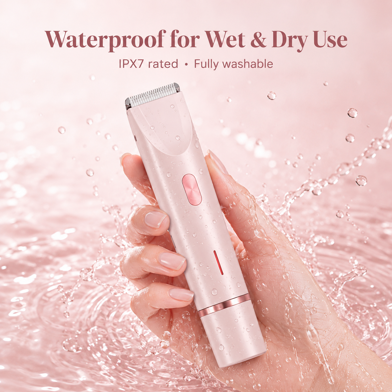 Pink shaver, IPX7 waterproof for wet or dry use. Fully washable design for hygienic, professional, safe, and radiant care in your daily beauty routine.