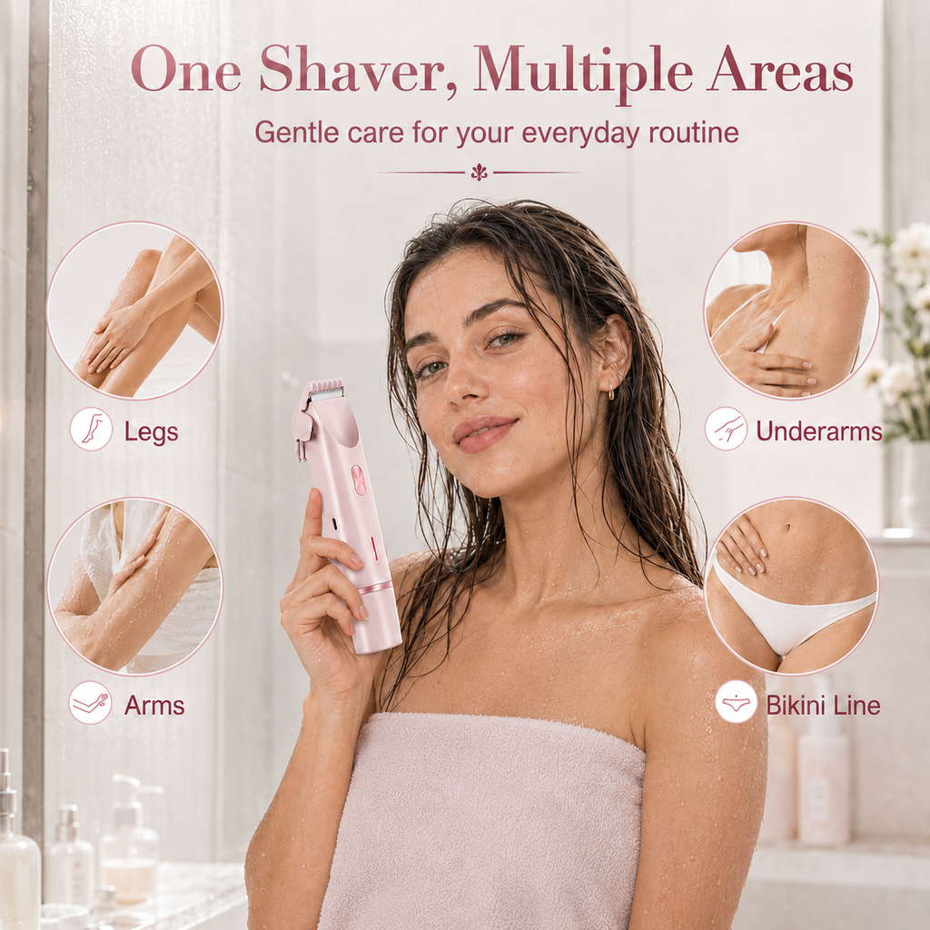 Precision pink shaver for gentle, safe care on legs, underarms, arms, and bikini area. Achieve professional results in your daily beauty care routine