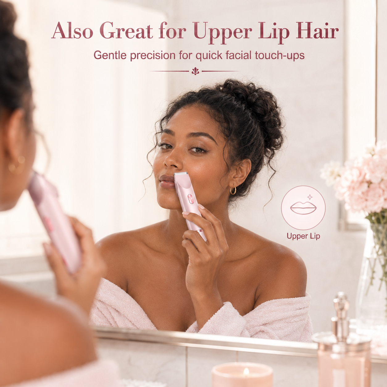 Precision pink shaver to gently remove upper lip hair. Achieve an impeccable, smooth, and radiant face instantly and painlessly