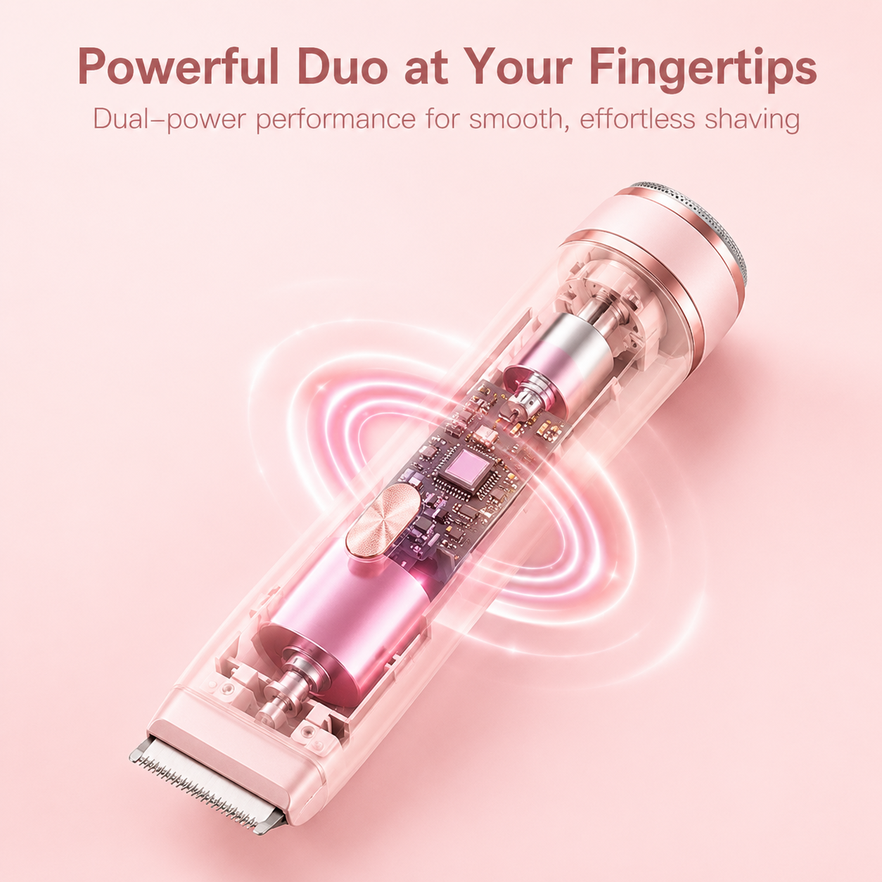 Pink double-headed women's shaver. Dual-power performance for a smooth, effortless shave. Elegant, safe, and transformative personal care for your daily beauty routine.