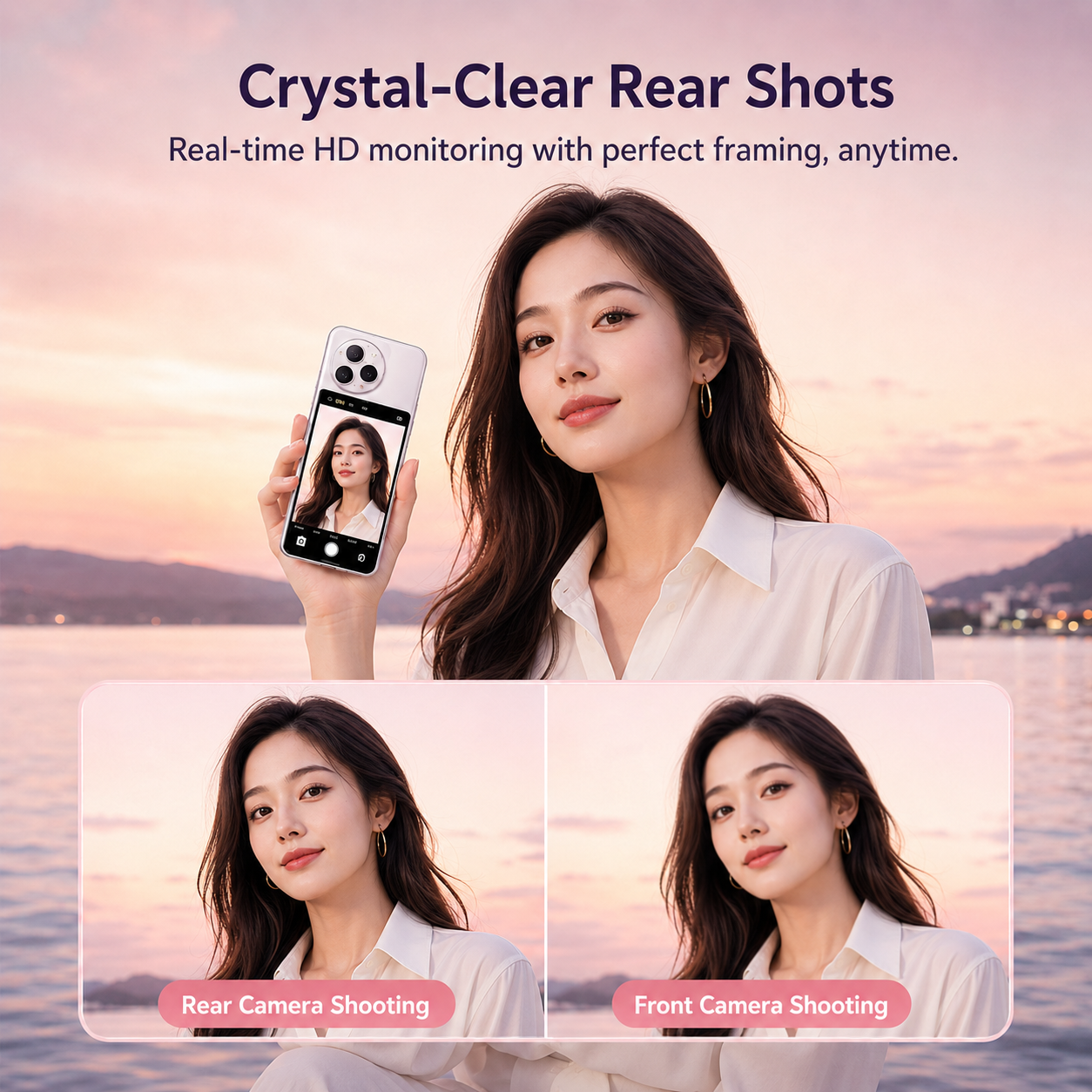 Woman using Wireless Selfie Monitor on smartphone, comparing rear vs. front camera framing for perfect, high-definition content creation.