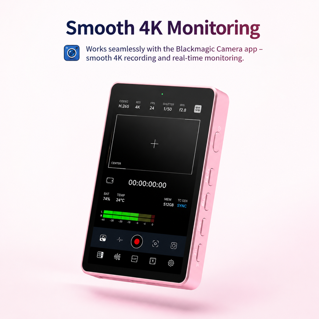 Wireless Selfie Monitor: Pink device for real-time 4K monitoring, compatible with the Blackmagic Camera app for professional video creation