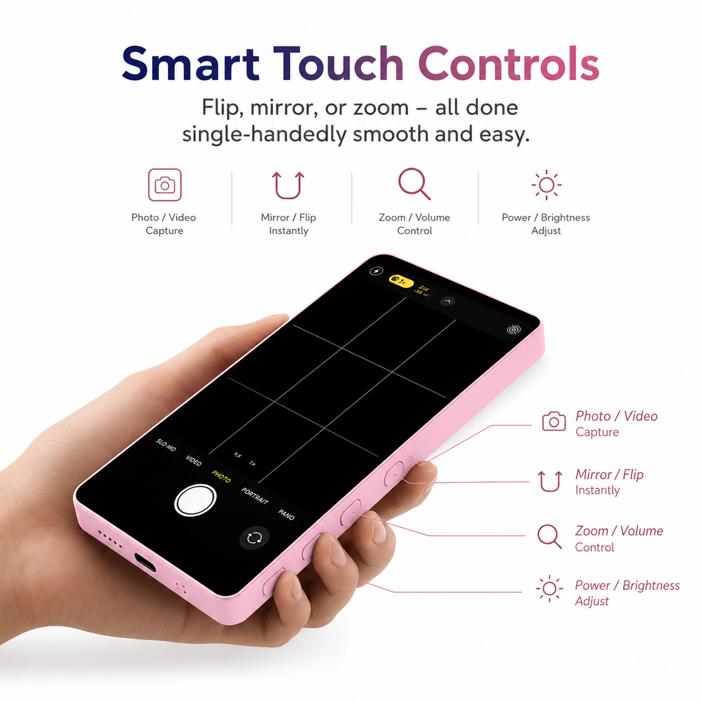 Hand holding a Wireless Selfie Monitor showing touch controls: capture, mirror, zoom/volume, and brightness to create professional content.