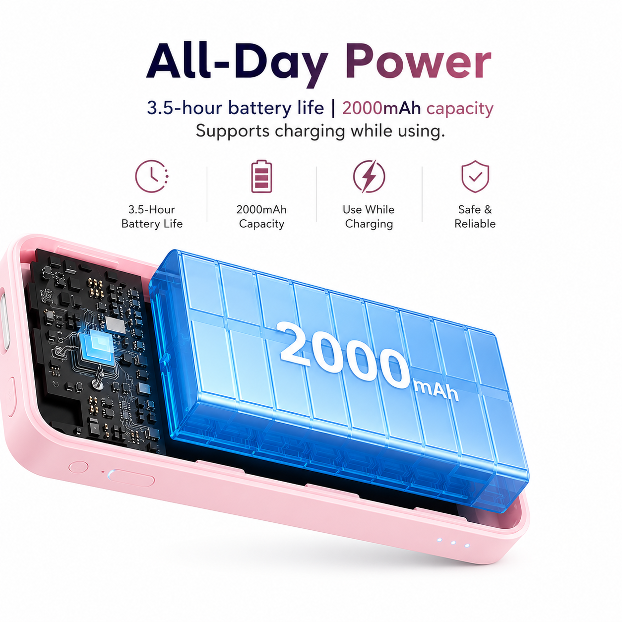 Wireless Selfie Monitor: 2000mAh battery, 3.5-hour life, supports charging while in use for uninterrupted content creation