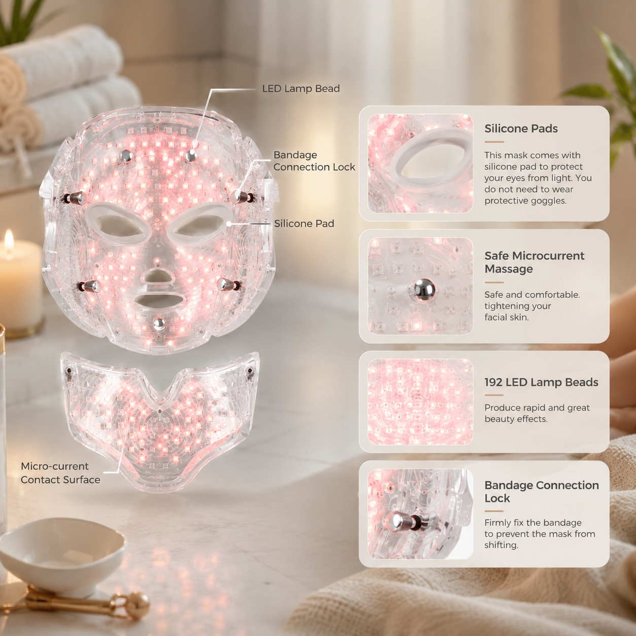 Technical infographic of the LUNA&SKIN LED light therapy mask, highlighting components such as LED heads, silicone pads, safe microcurrent massage, 192 LED beads, and bandage connection lock system.