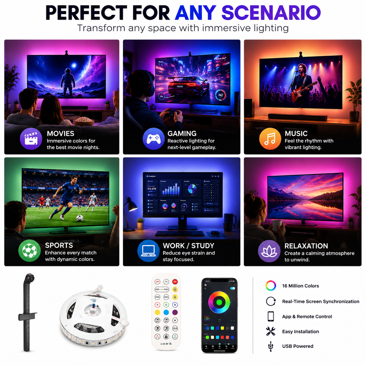 Brightness speed and 16 million colors control of the TV LED strip from the mobile smartphone application