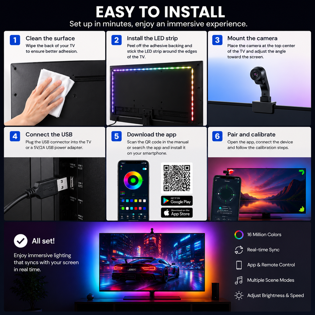 Step by step installation guide of smart LED strip for TV with tracking camera and USB connection