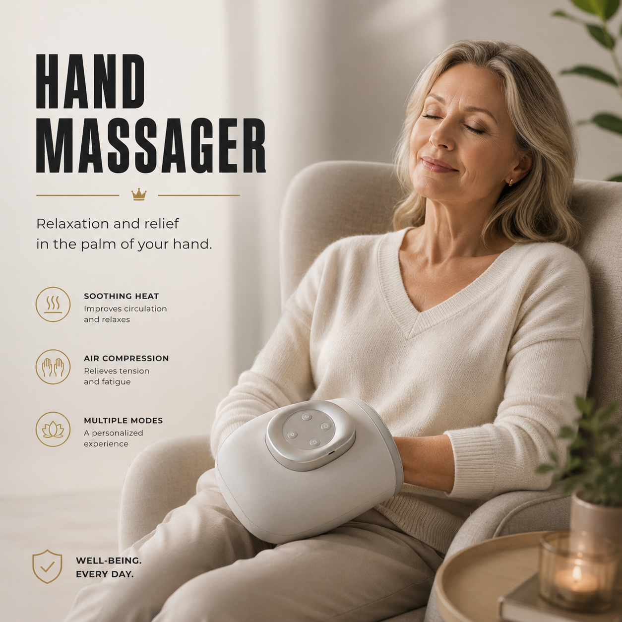Relaxed woman in an armchair enjoying a therapeutic hand massage with heat - SANTI ESHOP