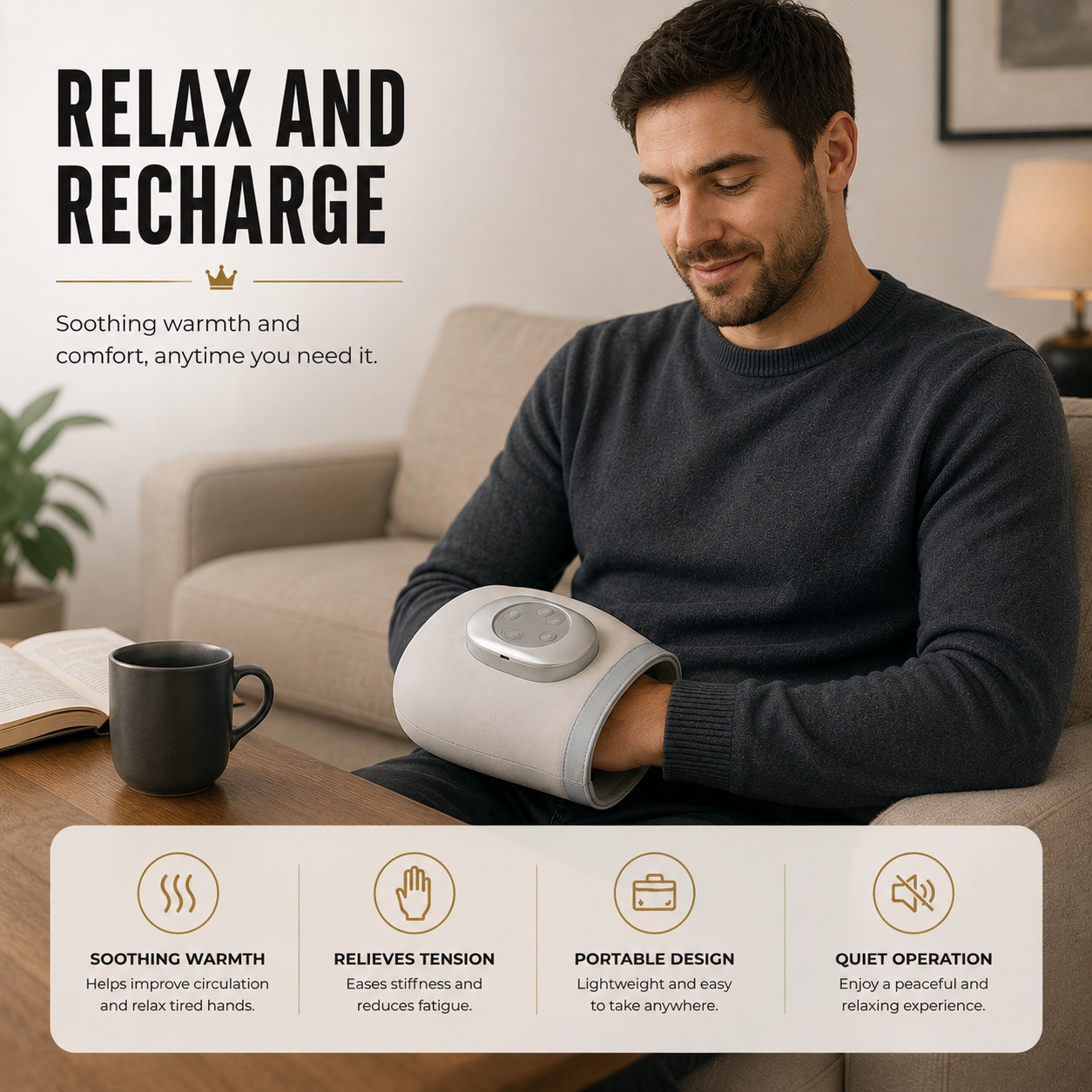 Ergonomic design and premium finishes of the wireless hand massage device - SANTI ESHOP