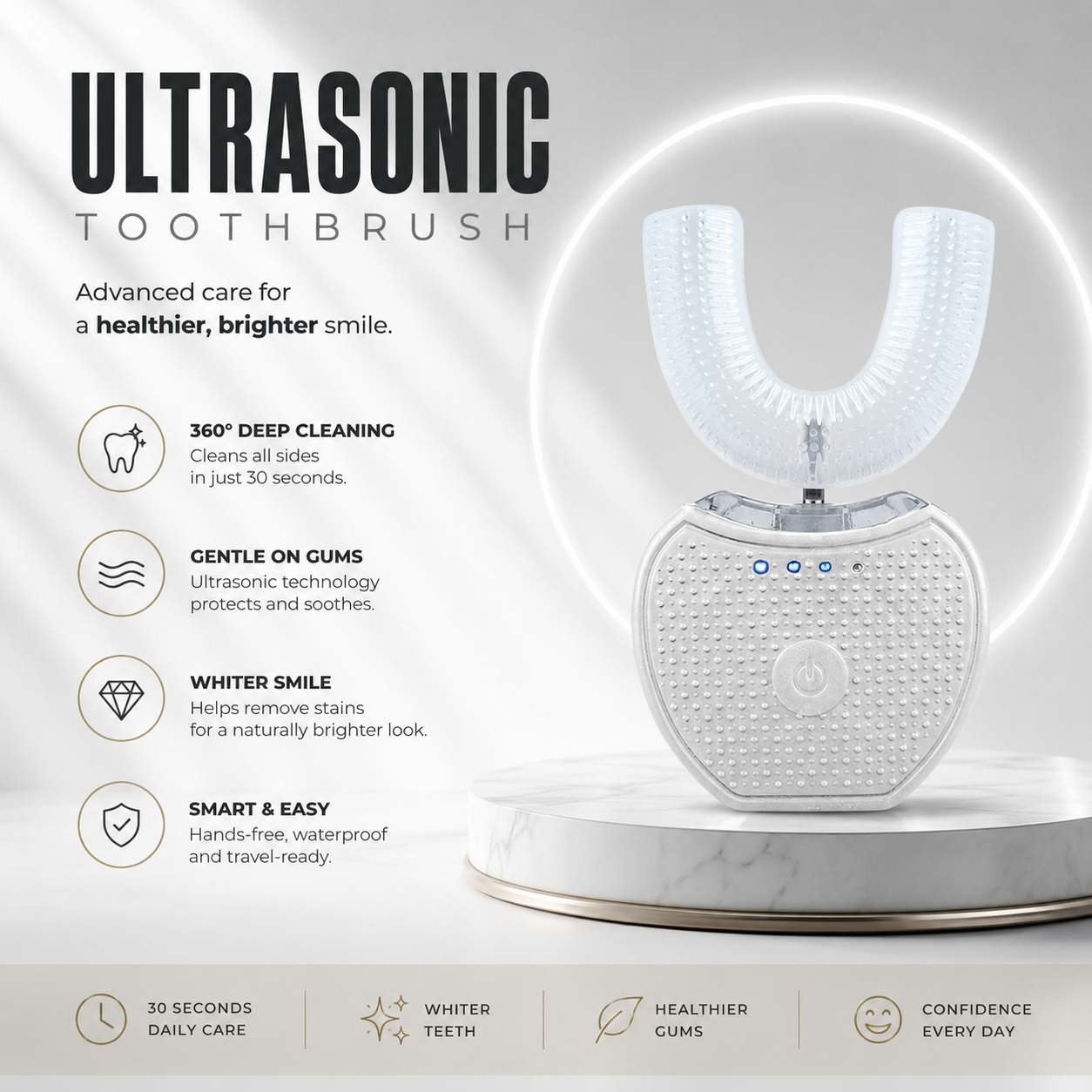 Front view of the ultrasonic toothbrush showing the 360 degree medical silicone bristles and power button