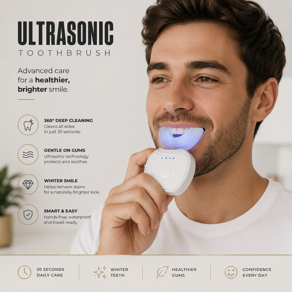 Smiling man demonstrating the easy, hands-free use of the waterproof ultrasonic toothbrush 