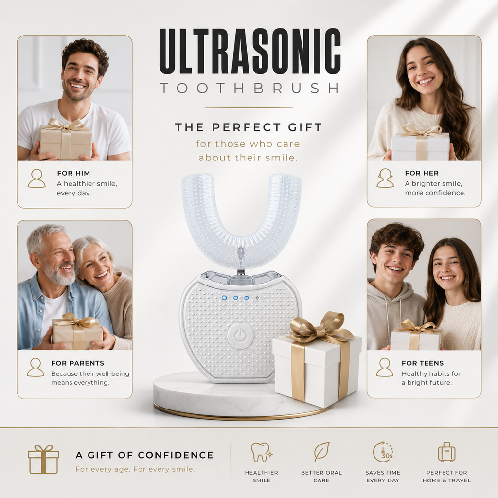 Photo 8 (Packaging / Portability): Premium U-shaped portable toothbrush box, ready for highly useful gifts with fast shipping